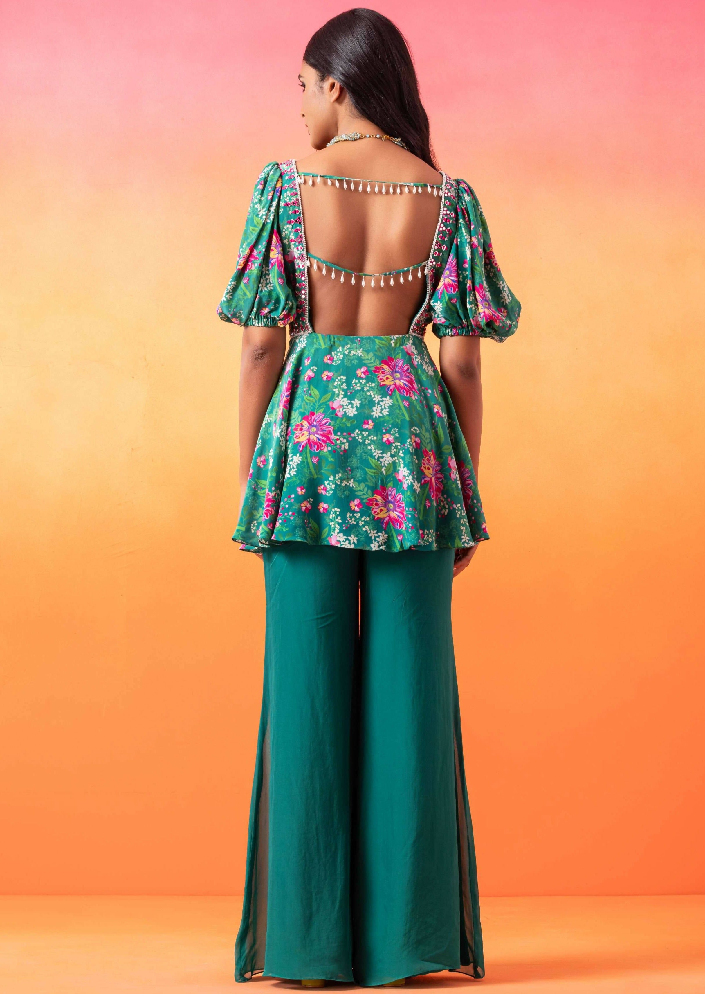 Emerald Green Floral Printed Flared Pants Set