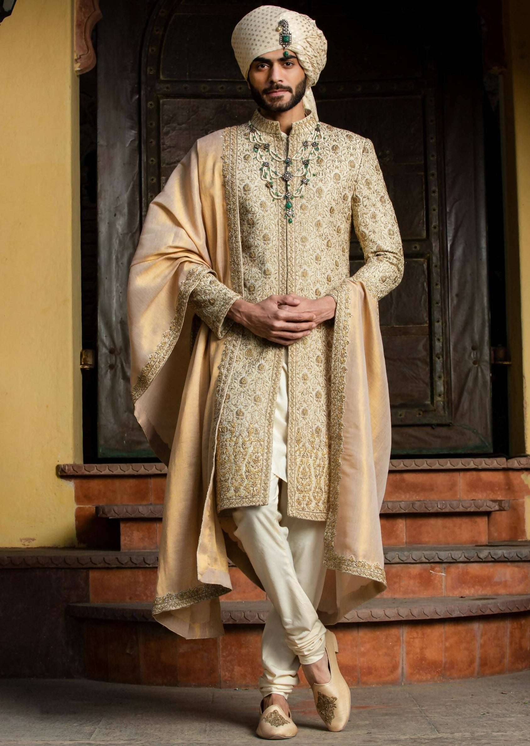 Beige All Over Embroidered Achkan Set