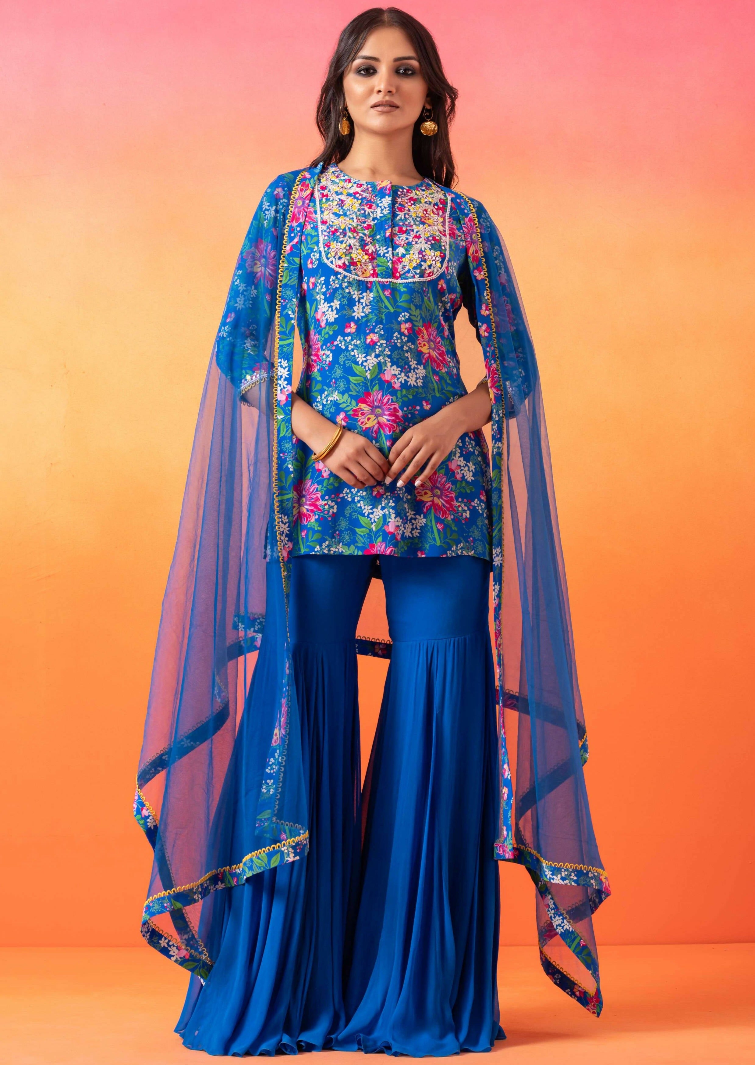 Electric Blue Floral Gharara Set