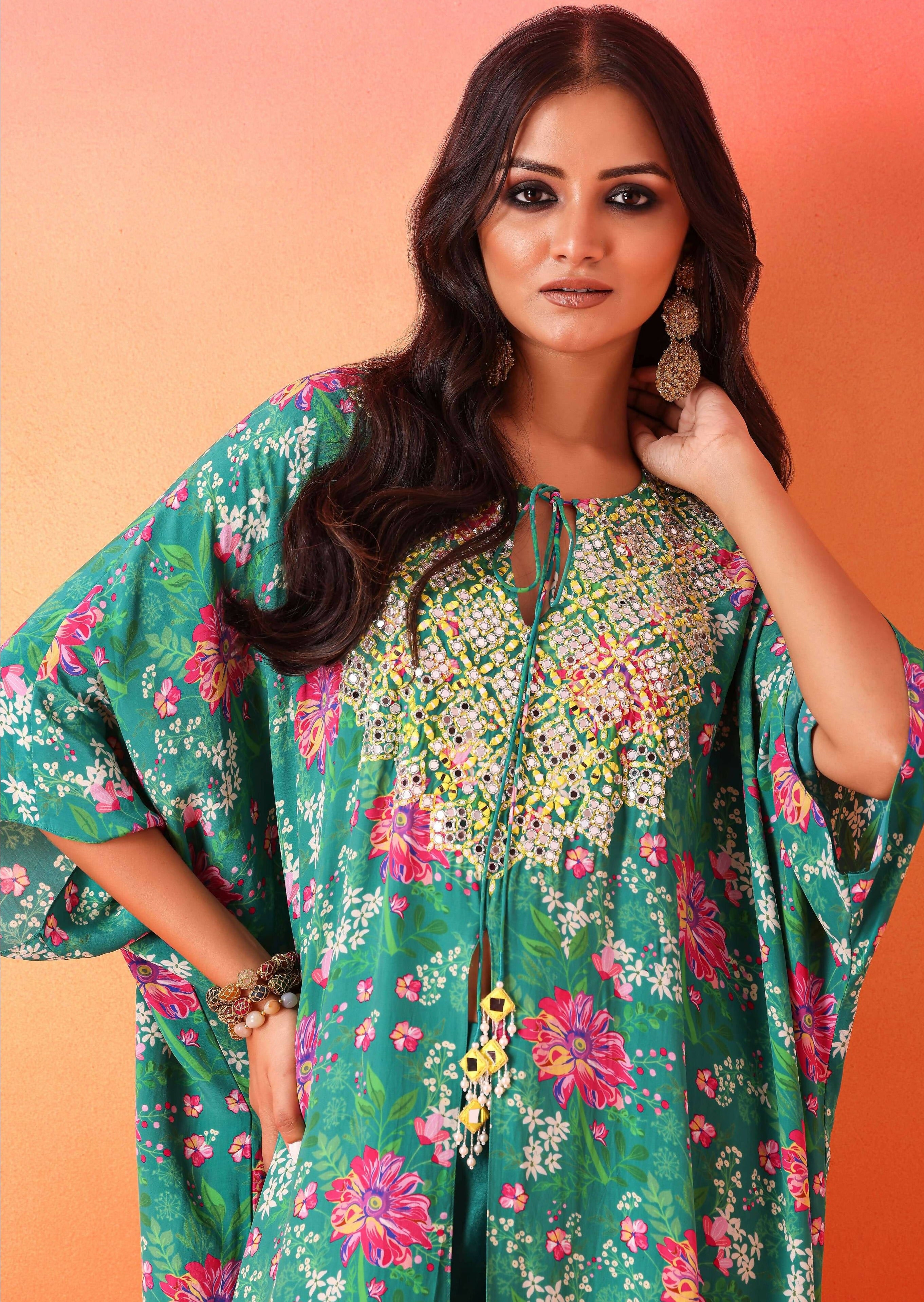 Emerald Green Floral Printed Kaftan with Pants