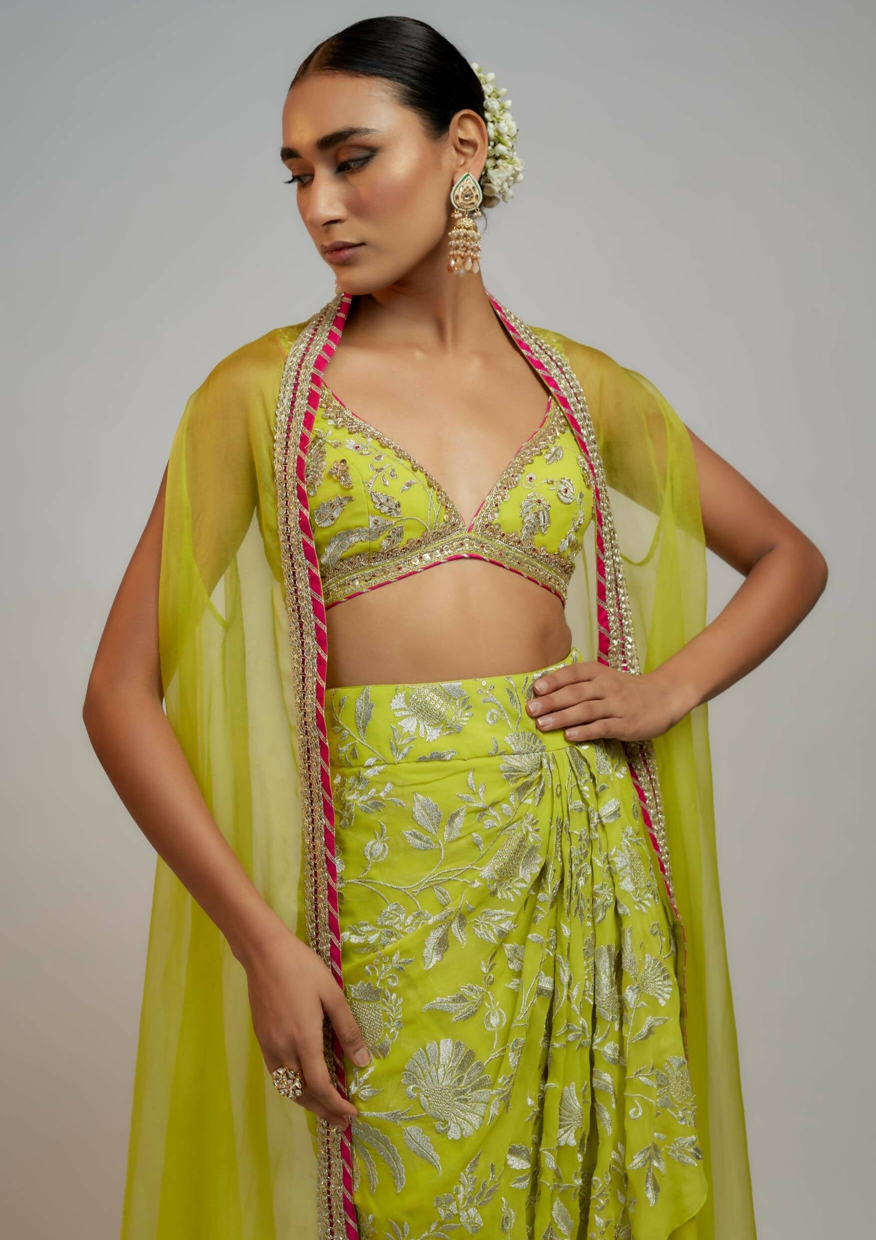 Alia Lime Green Wrap Skirt Set