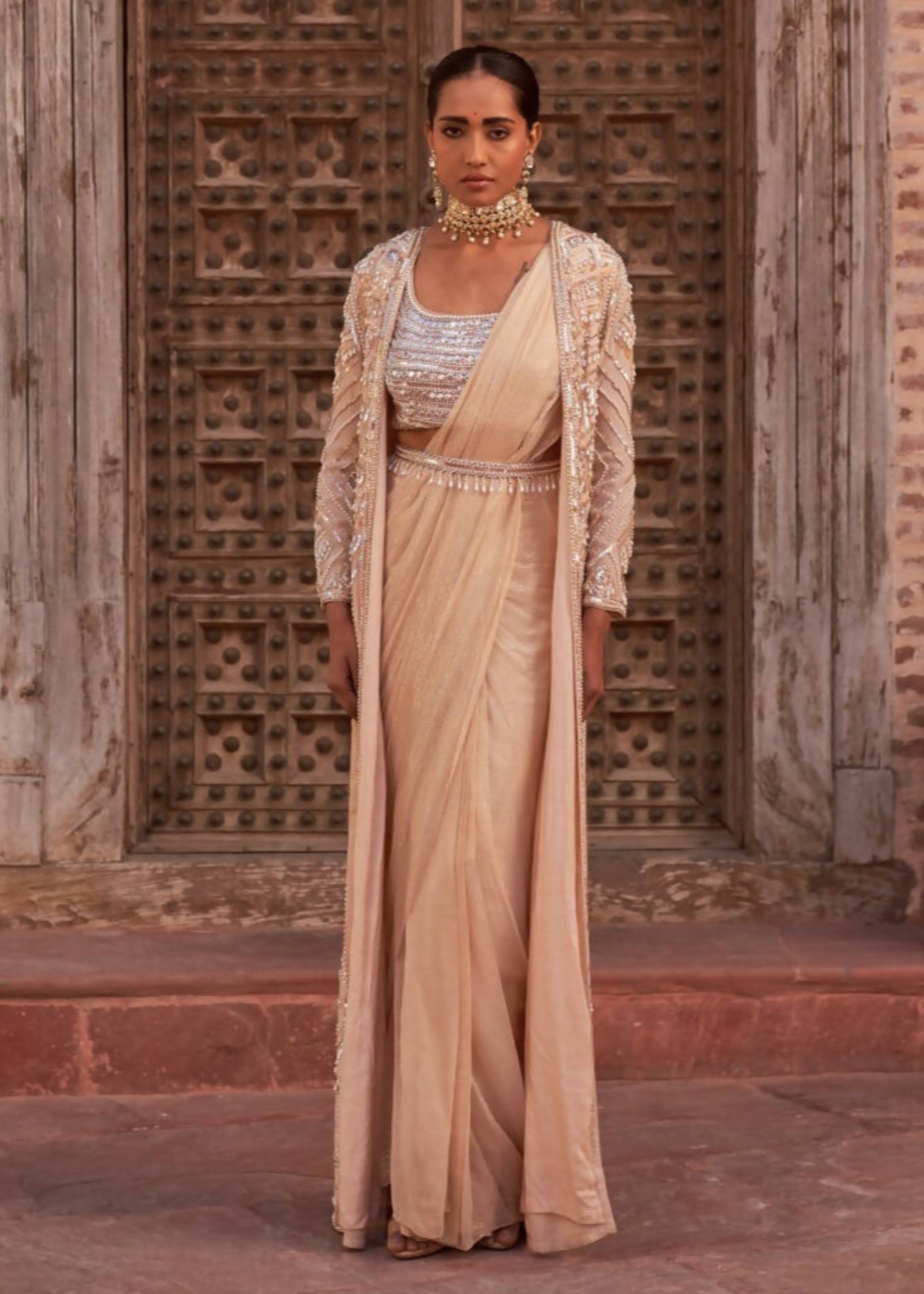 Brown Champagne Bridal Reception Saree In Net SFBRI19814 – Siya Fashions