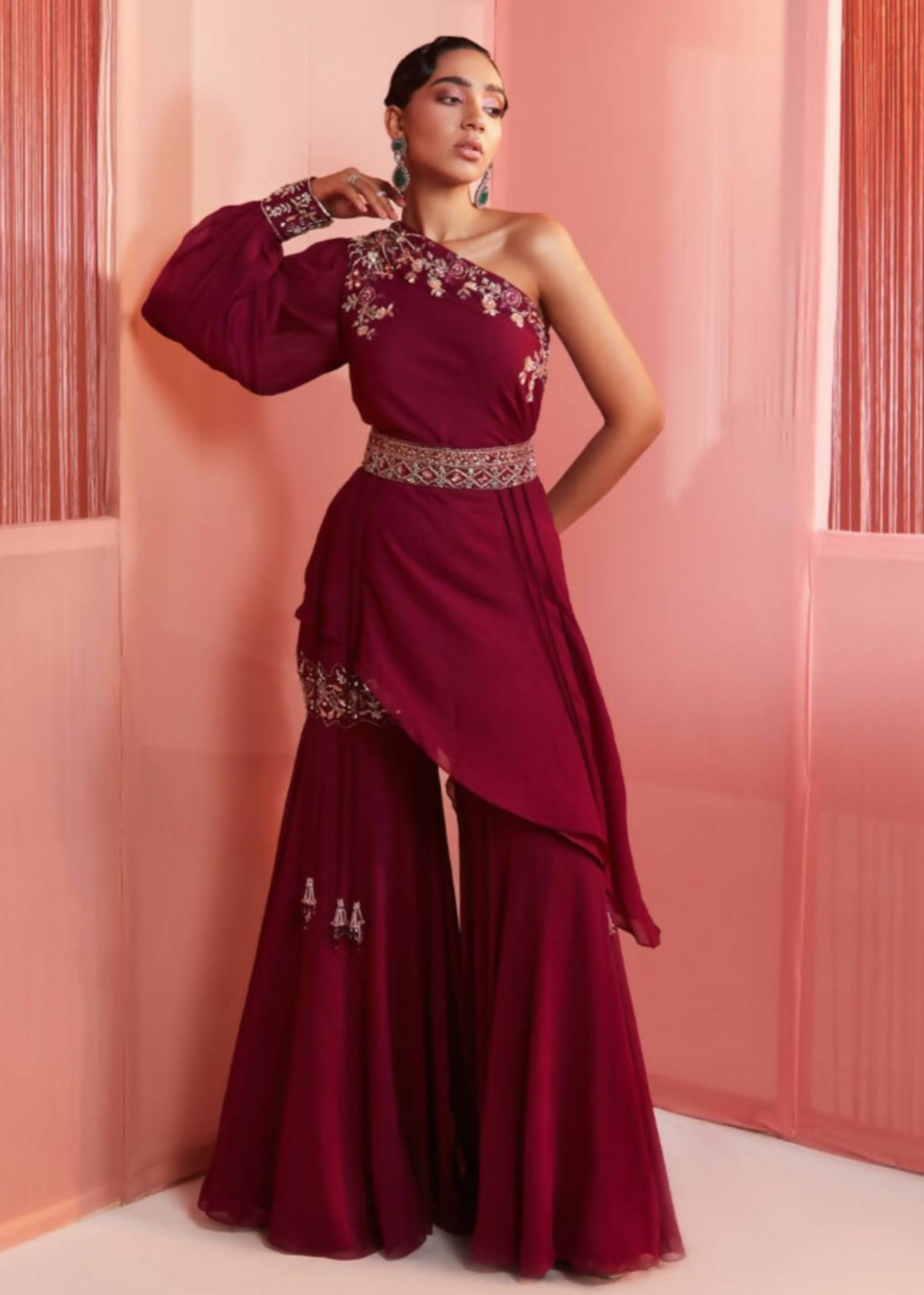 Plum One Shoulder Cape and Sharara