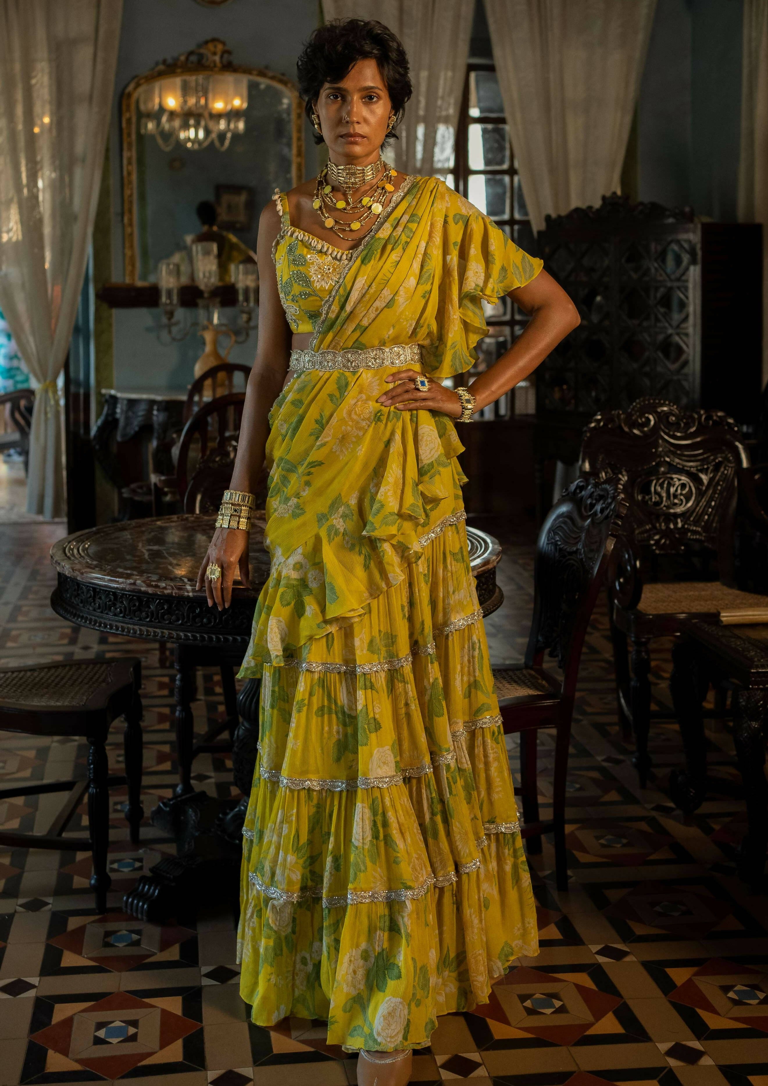 Yellow Mint Ruffle Sari Set