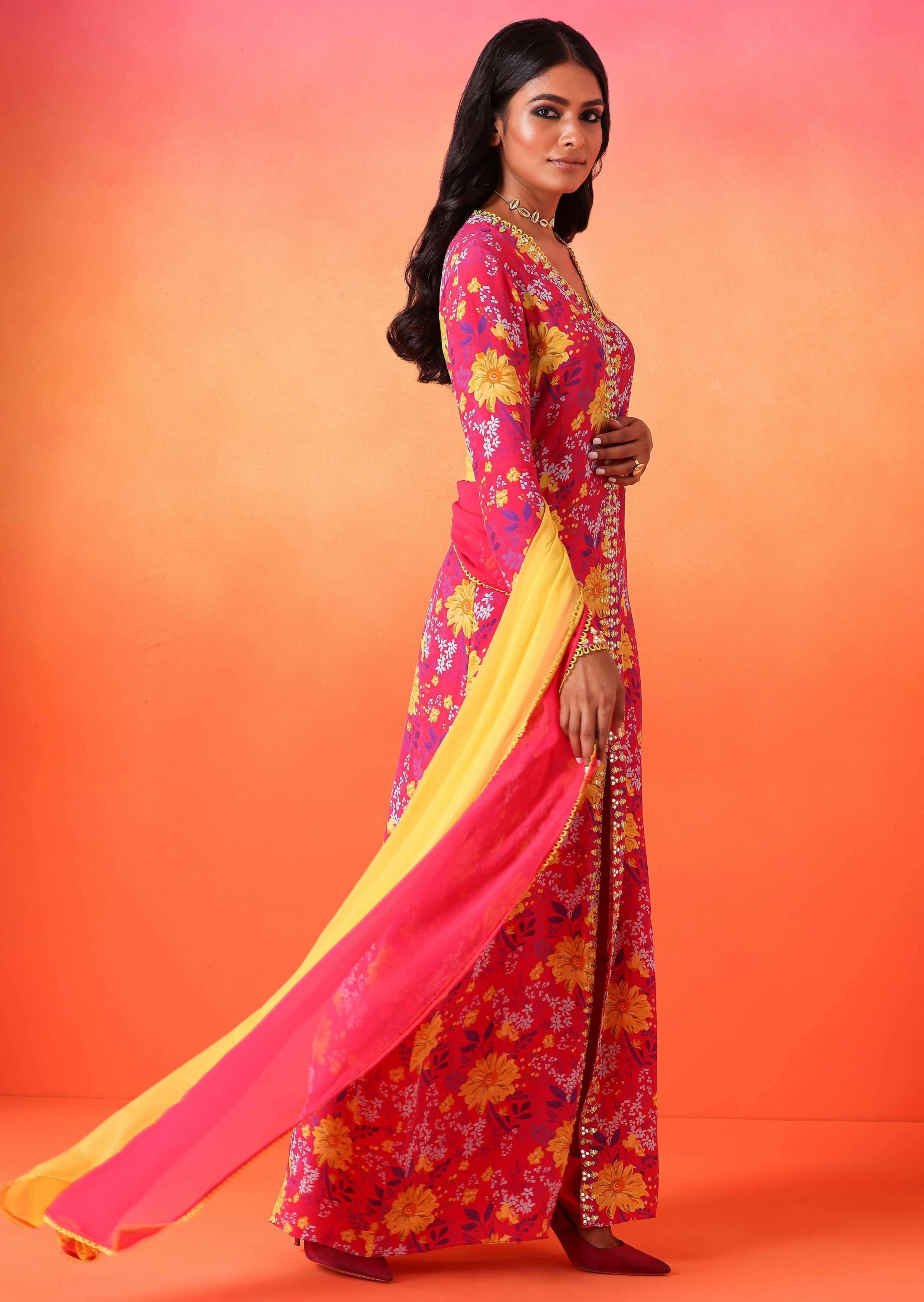 Fuschia Pink Floral Printed Kurta Set