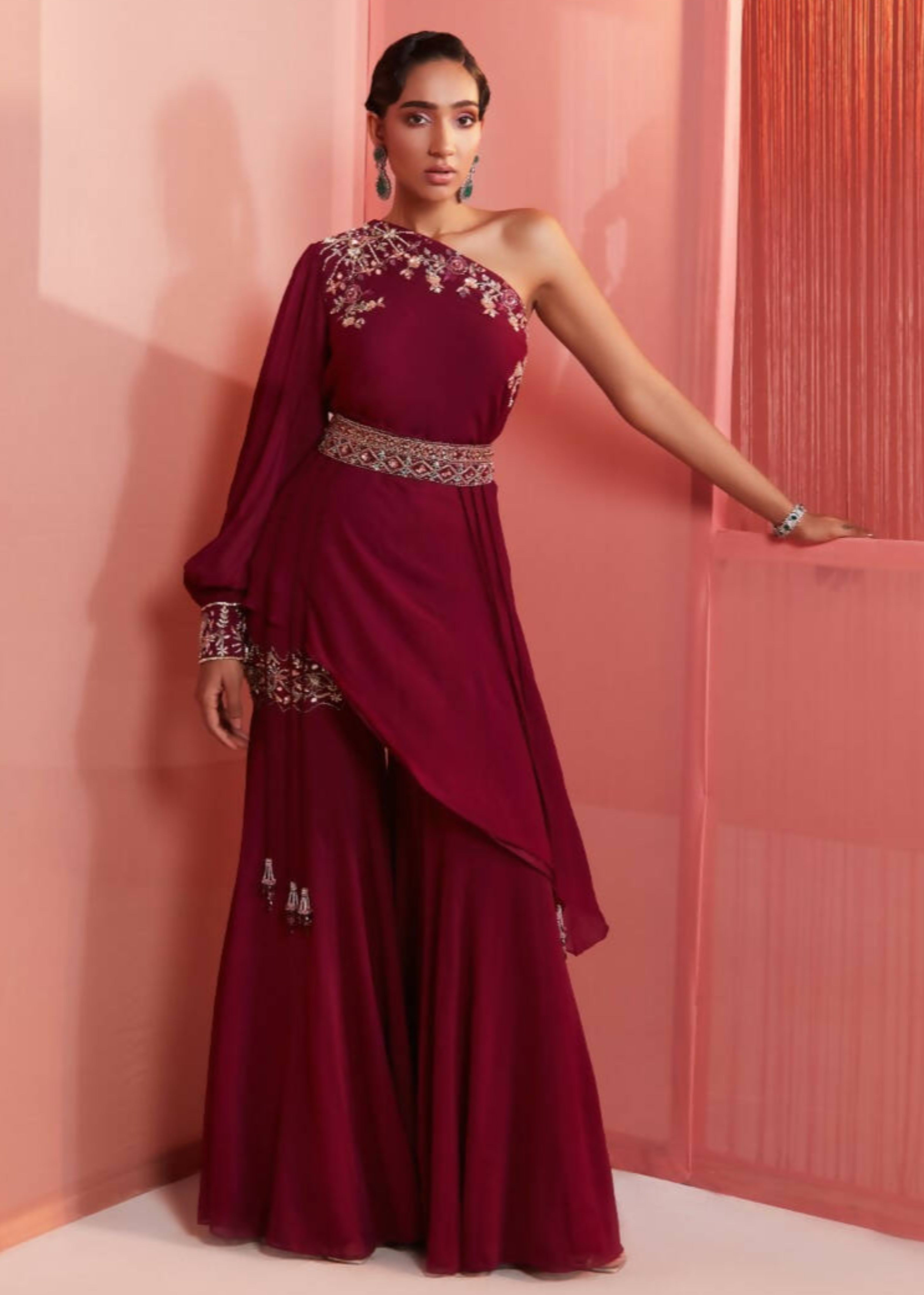 Plum One Shoulder Cape and Sharara