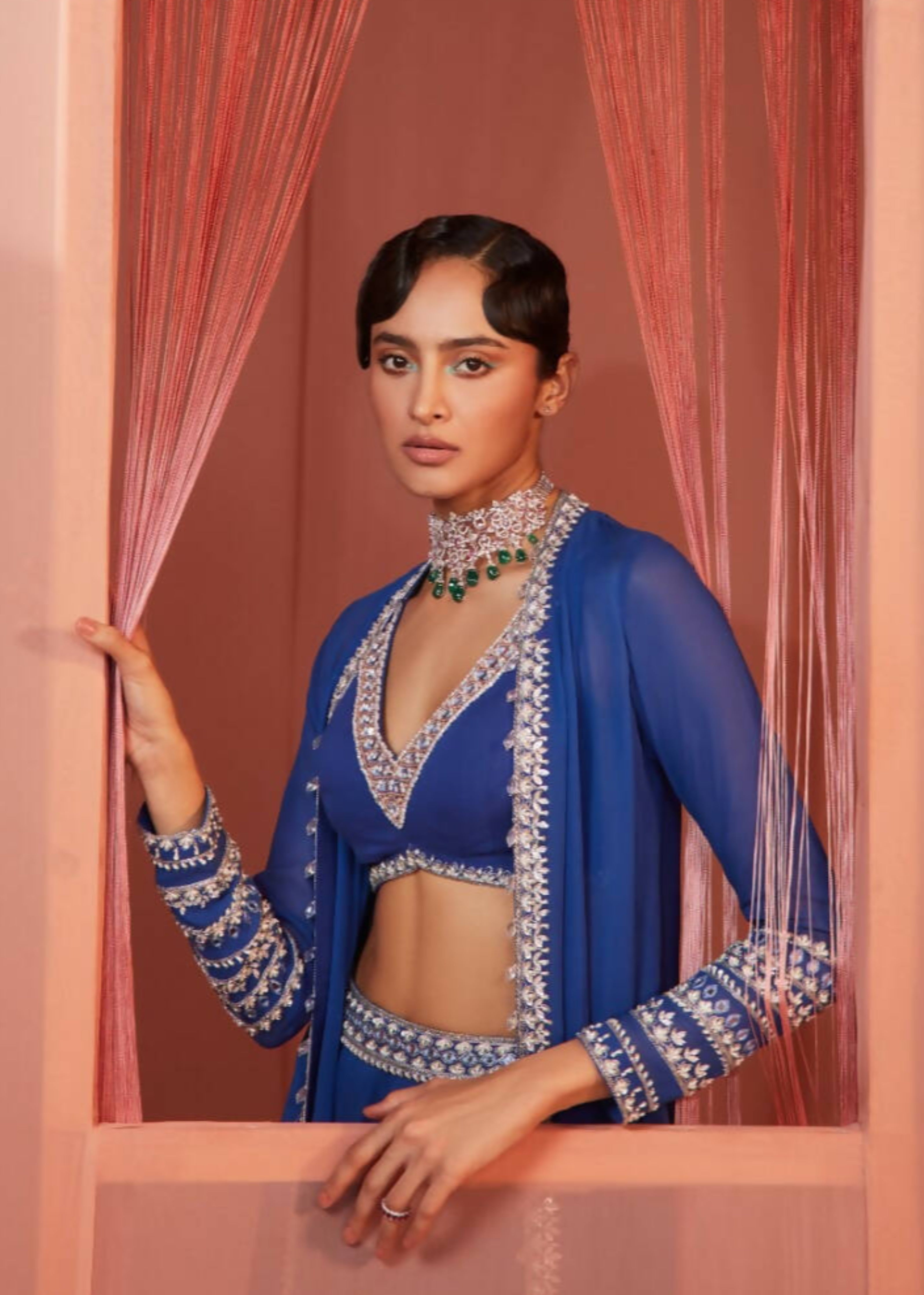 Ink Blue Sharara and Cape Set