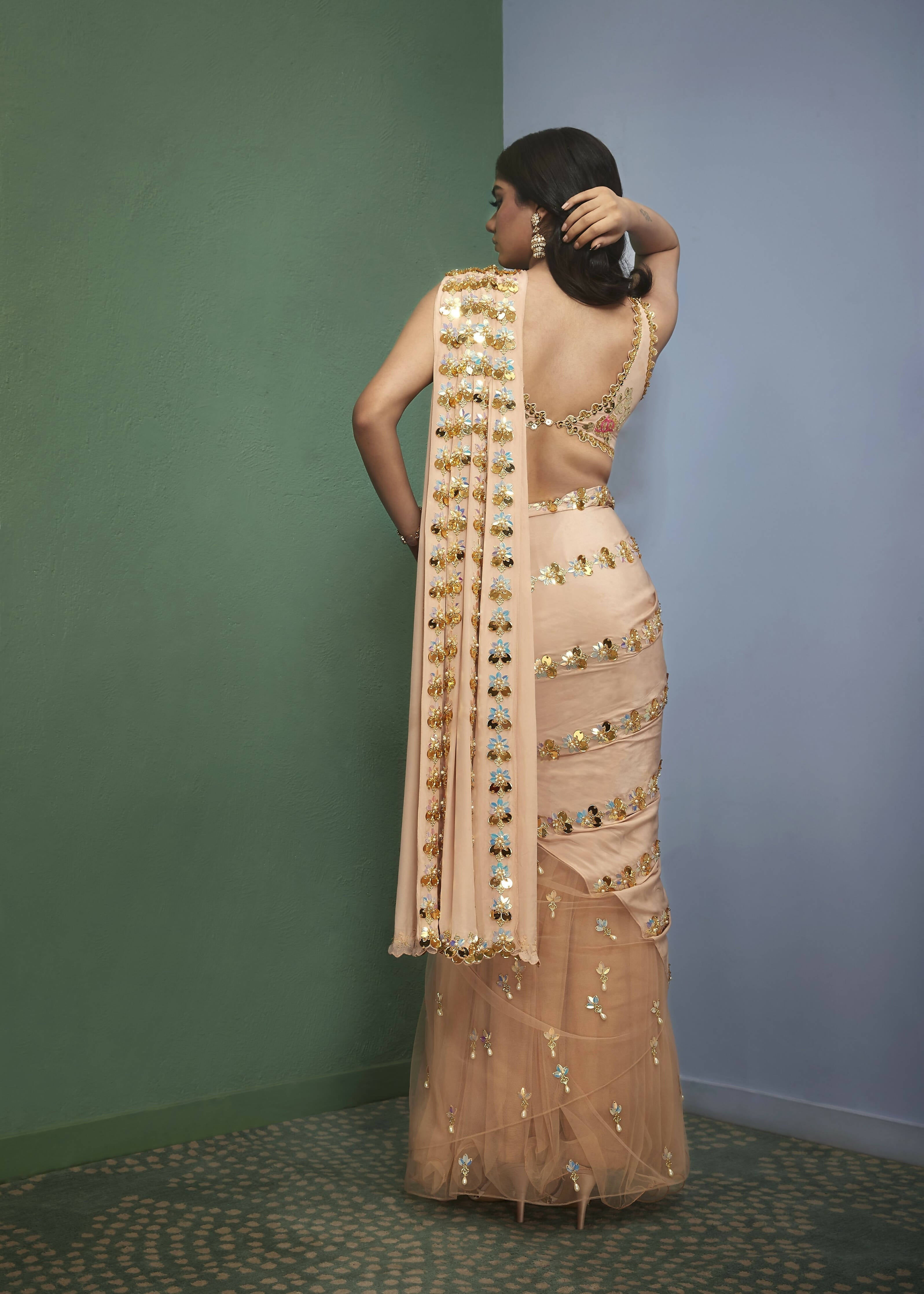 Golden Hour: Nude Prestitched Embellished Sari