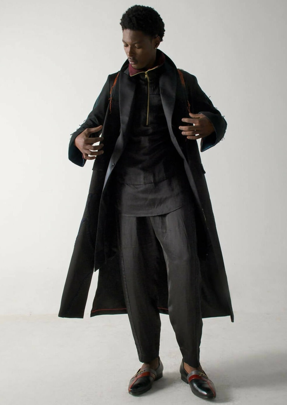 Black Long Overcoat with Loose Weave Sleeves