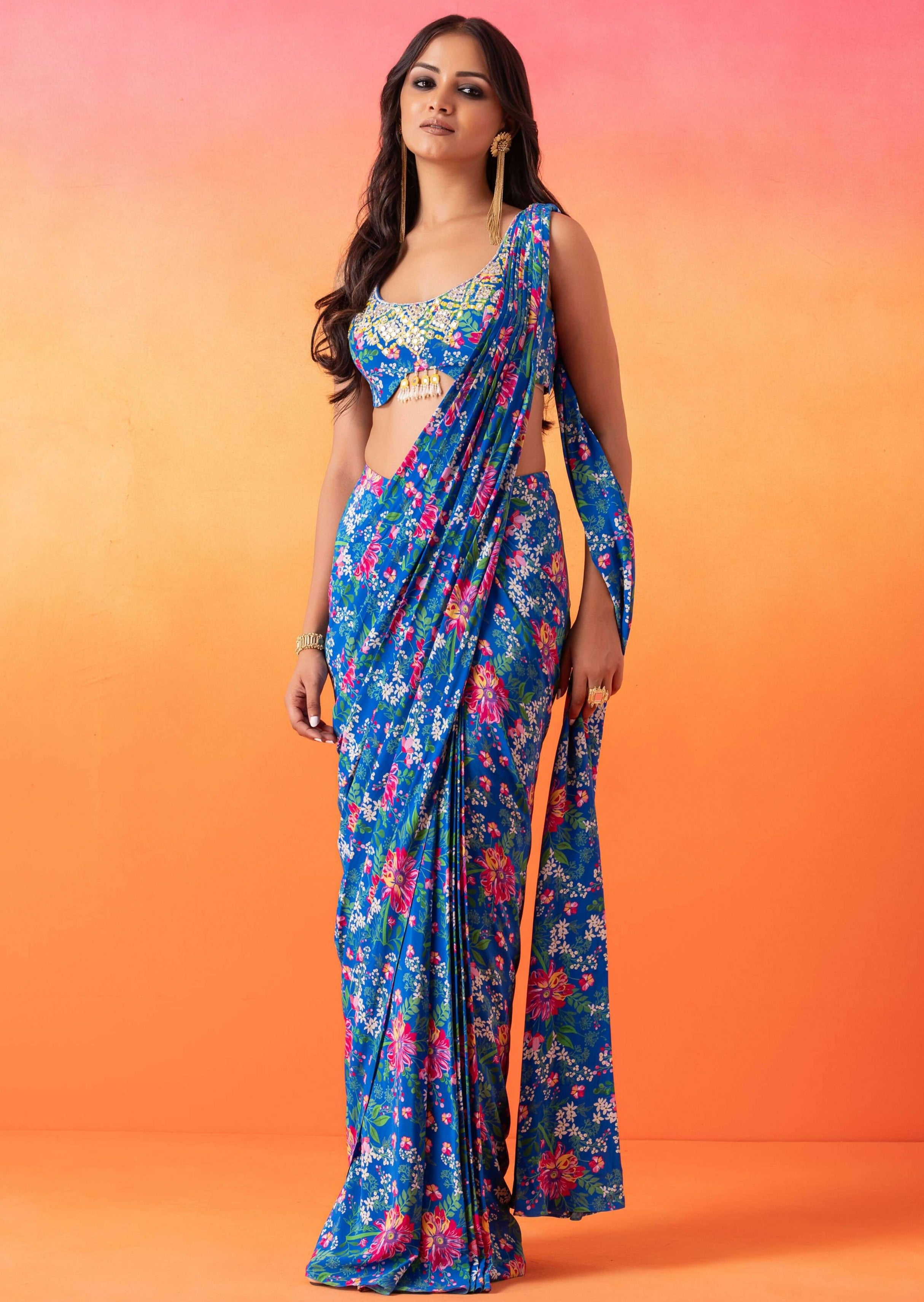 Electric Blue Floral Printed Sari with Blouse