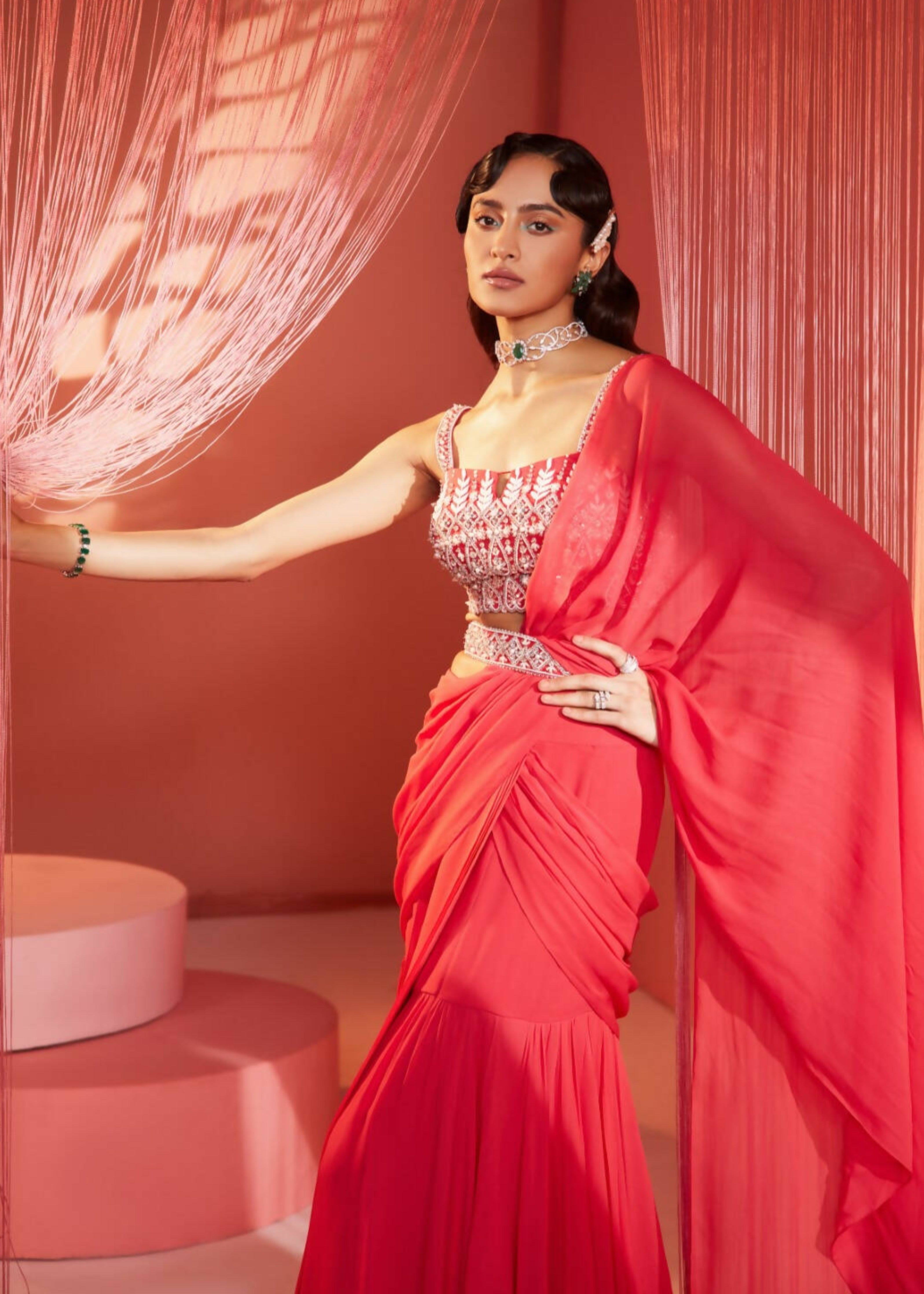 Coral Red Pre-Draped Sari